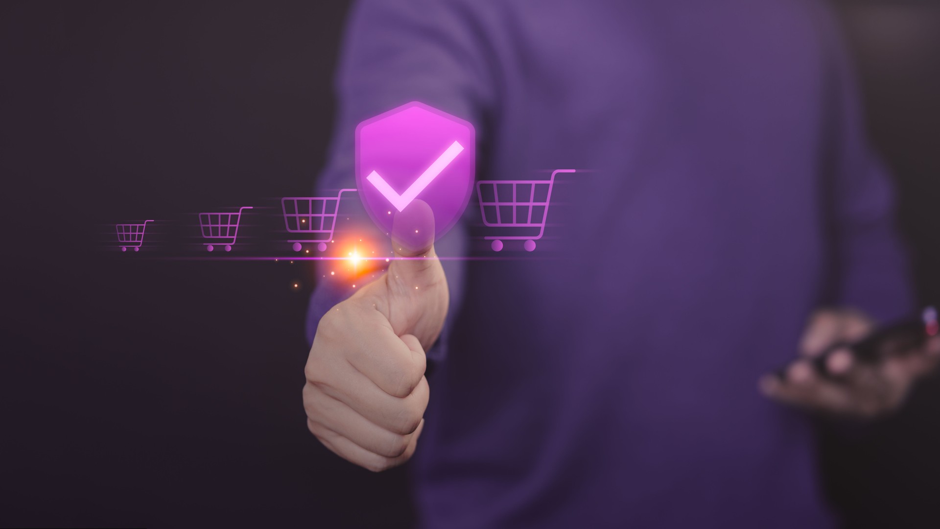 Customer giving a thumbs-up with a glowing checkmark shield and shopping cart icons, symbolizing secure online shopping, e-commerce trust, and digital transactions. Customer giving a thumbs-up with a glowing checkmark shield and shopping cart icons, symbolizing secure online shopping, e-commerce trust, and digital transactions.
